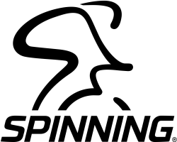 Black and white logo featuring an abstract outline of a person riding a stationary bike above the word "SPINNING" in bold, uppercase letters.