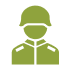 Green icon of a person wearing a military helmet and uniform with shoulder epaulets, shown in a simple, flat design on a light background.
