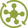 A green circular icon with a central solid circle connected to five smaller circles by lines, surrounded by two curved arrows forming an outer ring, suggesting connectivity or network.