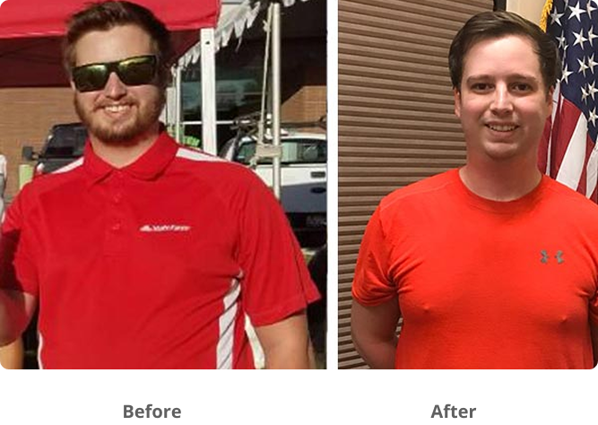 Side-by-side photos of a man: on the left, he wears sunglasses and a red polo shirt, appearing heavier; on the right, he wears a fitted red T-shirt, looking noticeably slimmer and smiling. Labels read "Before" and "After.