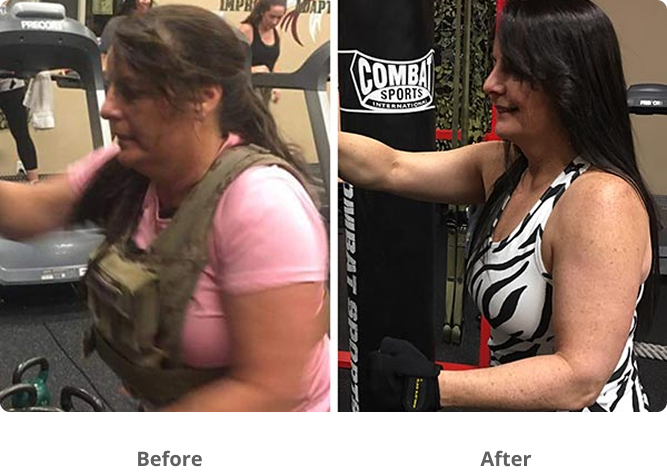 Side-by-side photos of a woman before and after weight loss; in the "before" image, she works out wearing a pink shirt and weighted vest, and in the "after" image, she is slimmer, wearing a patterned tank top and gloves.