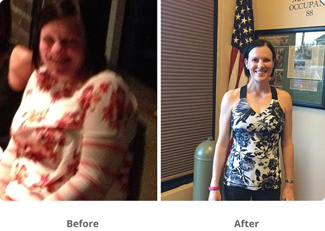 Side-by-side photos show a woman before and after weight loss. In the "before" photo, she sits wearing a floral sweater. In the "after" photo, she stands smiling, looking fitter, in a sleeveless top by a wall display and American flag.