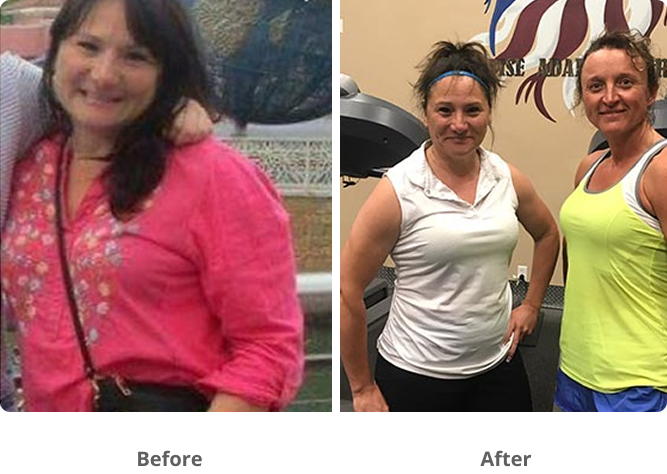 Side-by-side photos show a woman before and after weight loss; in the 'before' image, she wears a pink shirt and smiles outdoors, while in the 'after' image, she wears gym clothes and stands in a gym with another woman.