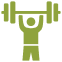 A green, simplified icon of a person lifting a barbell overhead, symbolizing weightlifting or fitness.