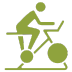 Green icon of a person riding a stationary exercise bike while using a laptop placed on a stand in front of them.