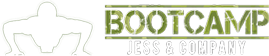 Logo featuring a white silhouette of a person doing a push-up on the left and the words "BOOTCAMP JESS B COMPANY" in bold, green, stencil-style letters on the right.