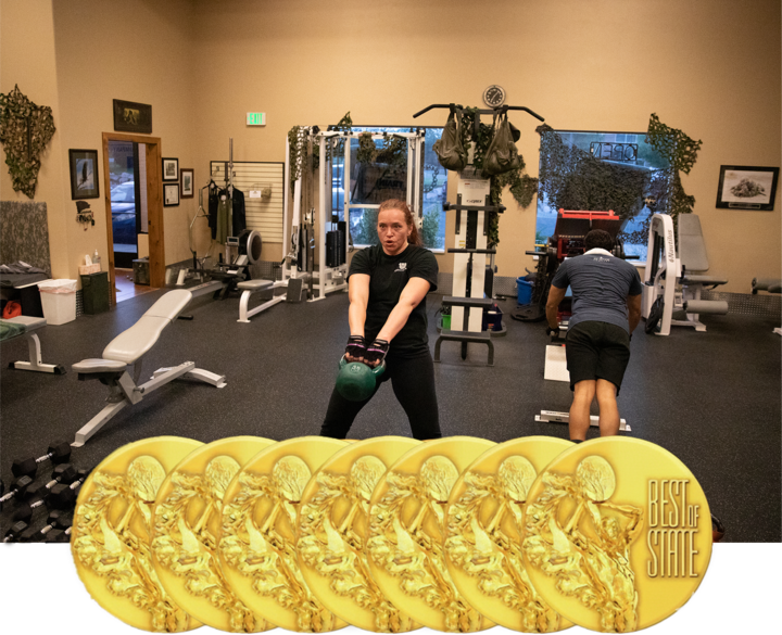 A person holding a green kettlebell stands in the center of a gym, swinging it forward. Another person works out in the background. Gold "Best of State" medals are overlaid along the bottom of the image.
